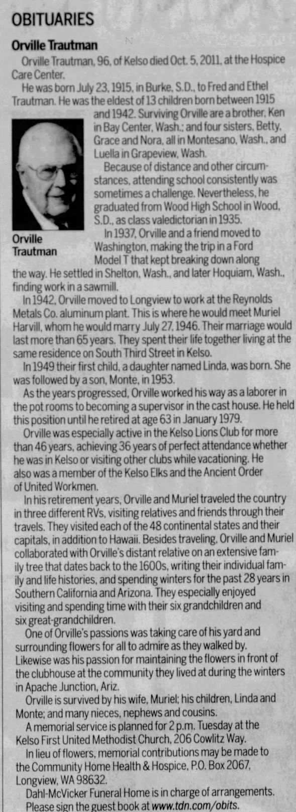 Obituary for Orville Trautman, 1915-2011 (Aged 96)